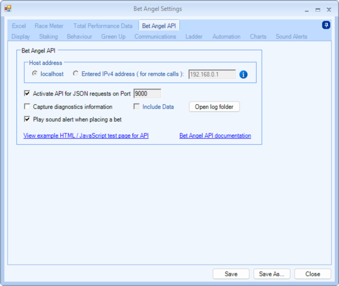 Bet Angel API settings for SportXtrader
